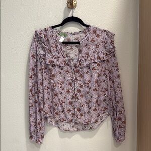 Veronica Beard Floral Ruffle Blouse - Purple and Brown